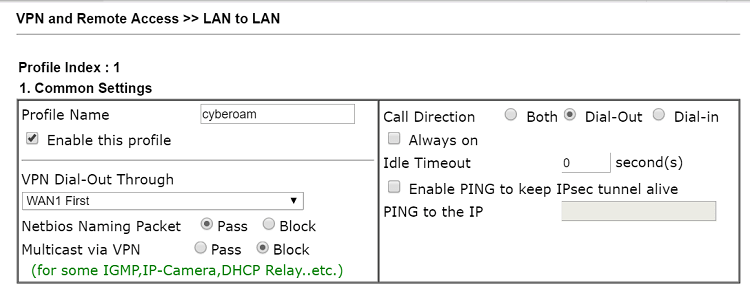a screenshot of VPN profile of Vigor Router